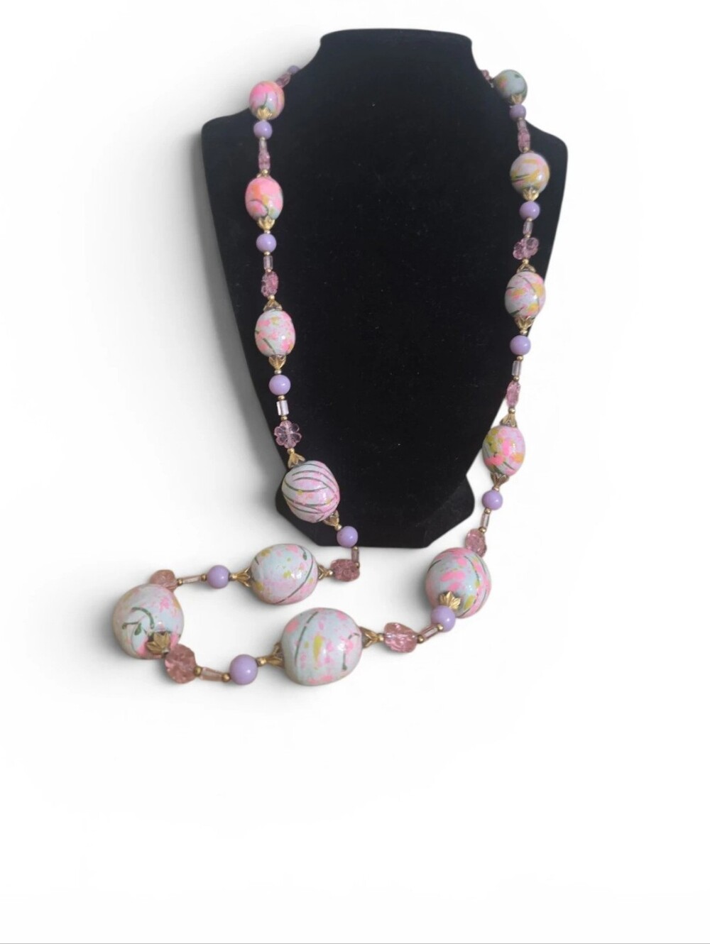 Vintage Alice Caviness Hand-Painted Glass Bead Necklace Signed 17”